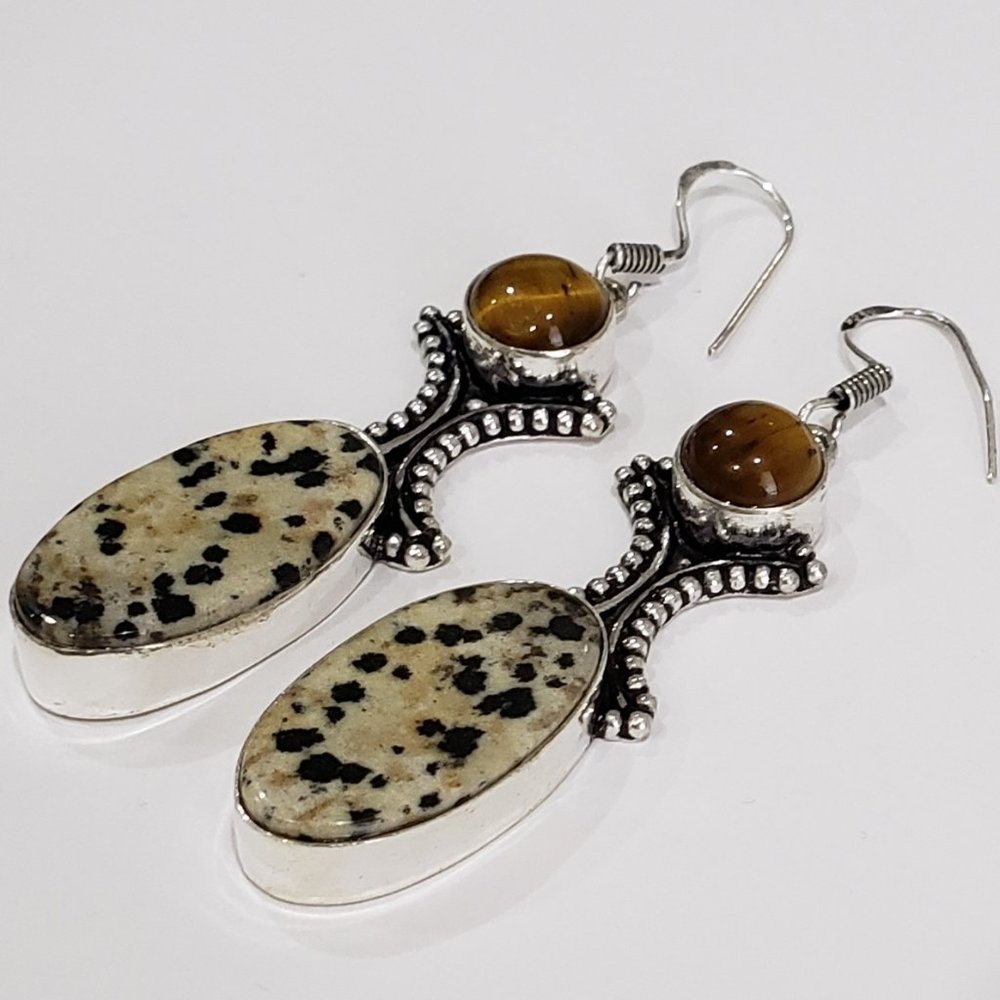 Handmade Dalmatian Jasper, Tiger Eye Gem 925 Drop Dangle Earrings